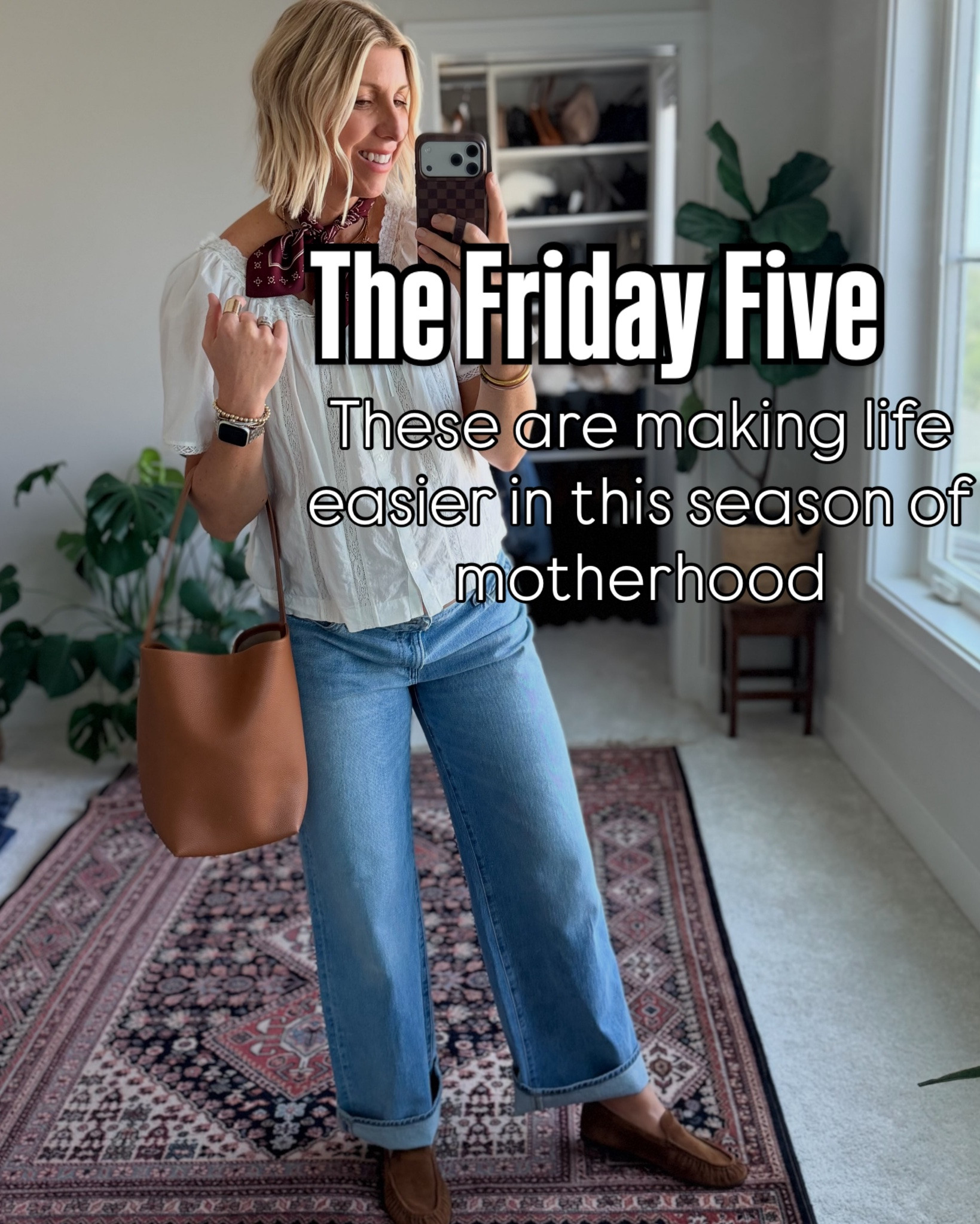 These are 5 things that are making life easier in this busy season of motherhood - I can’t keep them to myself! 

1. The concealer and brow gel combo brighten my eyes and eliminate the dark circles (without creasing in the fine lines)👏🏻
2. The Miracle dry shampoo that makes getting ready before school drop-off so simple
3. The loafer that instantly elevate every outfit from jeans to shorts to dresses & they’re beyond comfortable. 
4. Apple season is here & this simple, delicious dessert is always a crowd pleaser. I serving it for any gathering or taking to friends.
5. The leather tote that fits everything, looks so effortless & luxe - but without a designer price 🥰

Comment FRIDAY 👇🏻and I’ll send you the details of everything right to your DM’s.