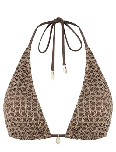 ZAFUL Women's Multiway Fishnet Triangle Bikini Top - Tie Back Bandeau Halter String Swimsuit (Only Top - Brown, XL) | Amazon (US)
