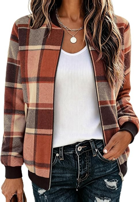 Zeagoo Jackets for Women 2026 Lightweight Bomber Jacket Plaid Flannel Coat | Amazon (US)