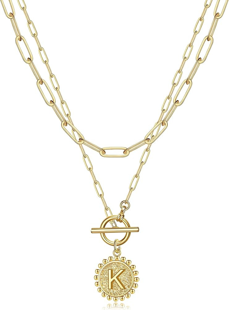 Gold Layered Initial Necklaces for Women, 14K Gold Plated Dainty Layering Paperclip Link Chain Ne... | Amazon (US)
