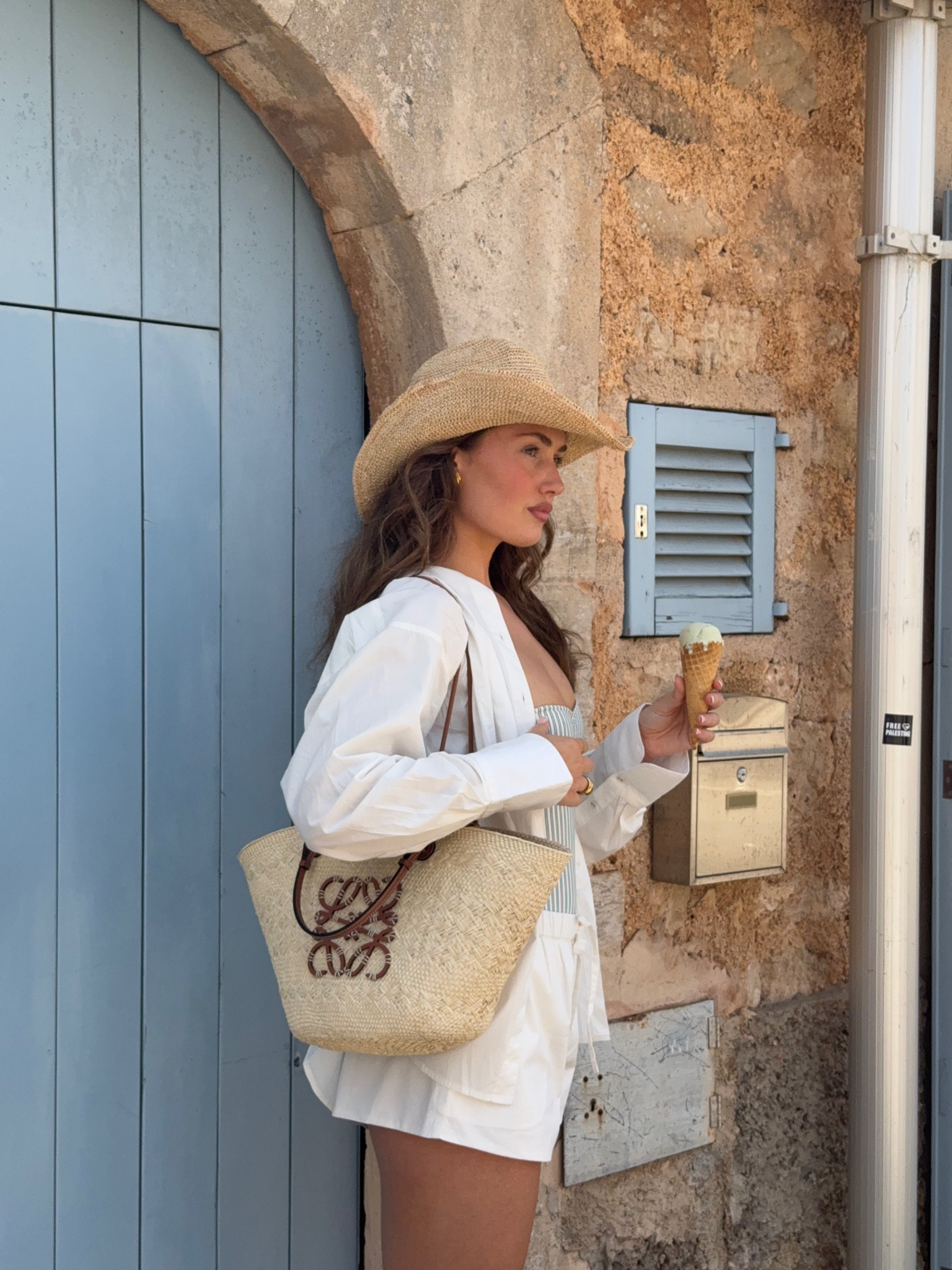 Mallorca outfit, Eurosummer outfit, stripe swimsuit, linen shirt, heaven mayhem earrings, oh Polly swim, cowboy hat, beach outfit, Loewe basket bag, white shorts, beach cover up, oh Polly shirt, basket bag, raffia bag 

#LTKAroundTheWorld #LTKeurope #LTKsummer