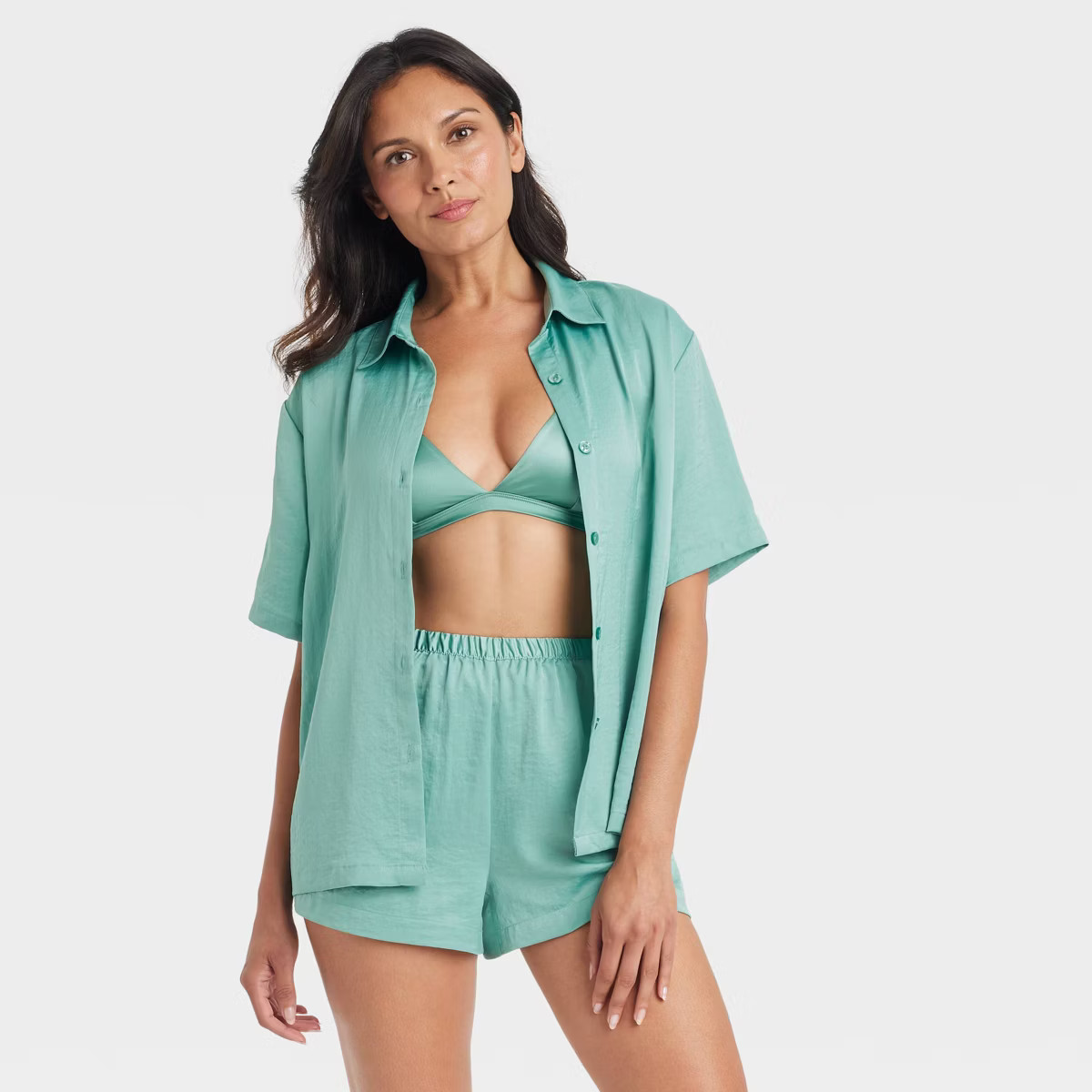 Women's Satin Short Sleeve Notch Collar Top and Shorts Pajama Set - Auden™ | Target