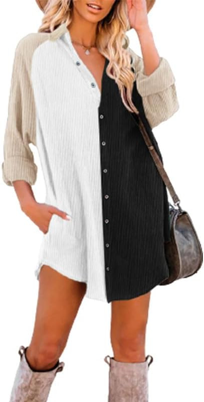 Dokotoo Women's Corduroy Long Sleeve Button Down Shirts Tunic Dresses with Pockets | Amazon (US)