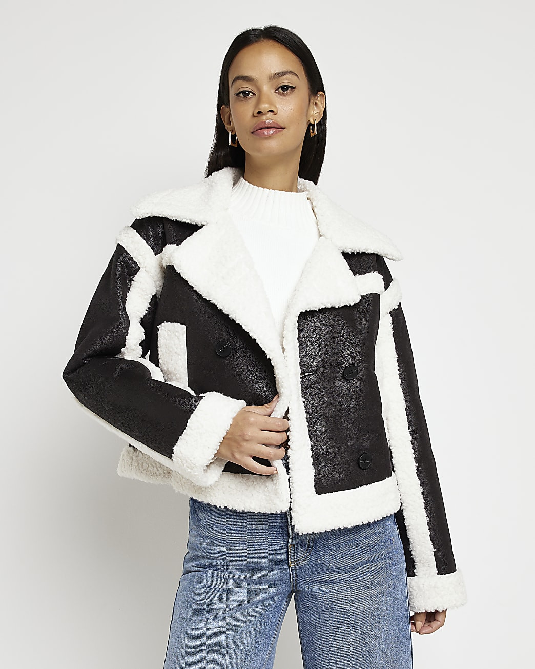 Black faux leather cropped aviator jacket | River Island (UK & IE)