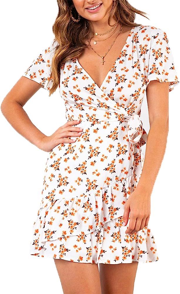 Relipop Summer Women Short Sleeve Print Dress V Neck Casual Short Dresses | Amazon (US)