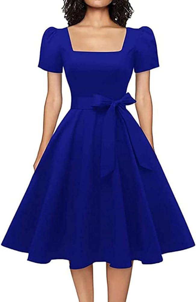OBBUE Women's Square Neck Dress Vintage 1950s Cocktail Party Dress with Puff Sleeves | Amazon (US)