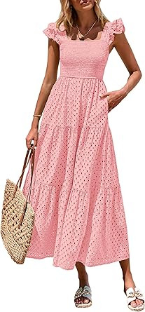 PRETTYGARDEN Womens Summer Square Neck Maxi Dresses Cap Sleeve Eyelet Smocked Tiered A Line Flowy... | Amazon (US)