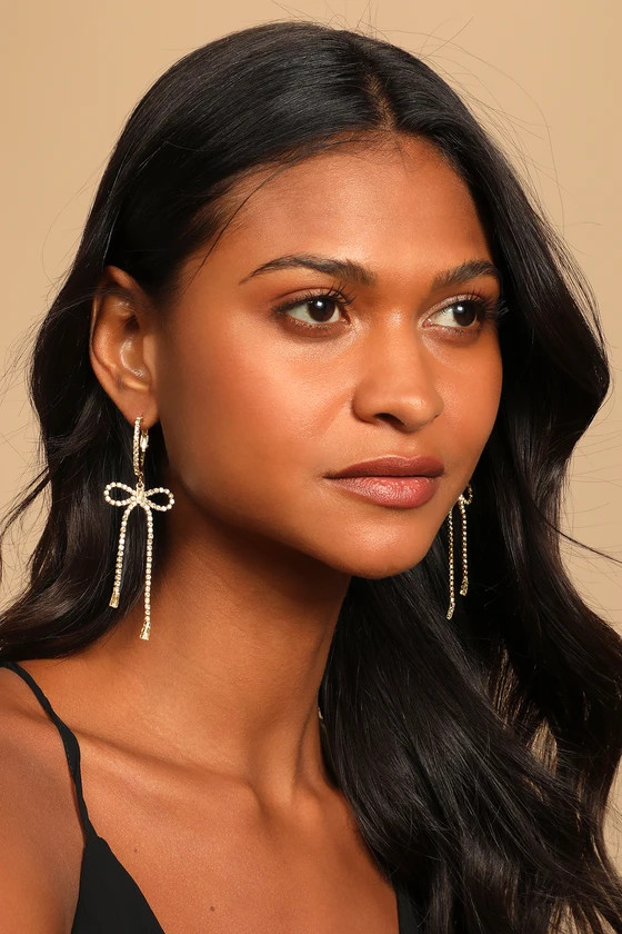 Flair for the Present Gold Rhinestone Bow Earrings | Lulus (US)