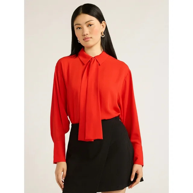 Scoop Women's Tie Neck Shirt with Long Sleeves, Sizes XS-XXL - Walmart.com | Walmart (US)