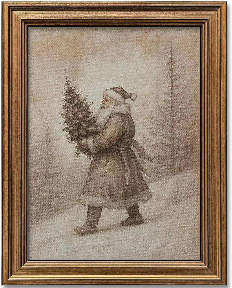 Vintage Christmas Decor Farmhouse Wall Art Gold Framed Rustic Winter Landscape Santa Pictures Pai... | Amazon (US)
