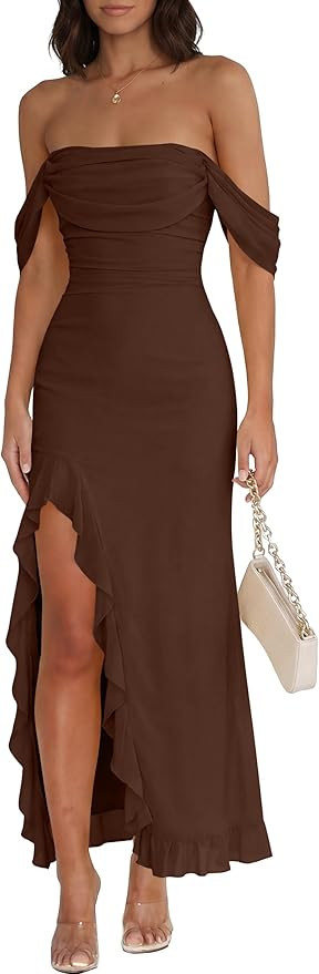 Caracilia Womens Summer Off The Shoulder Formal Bodycon Maxi Dresses High Slit Ruffle Hem Mesh We... | Amazon (US)