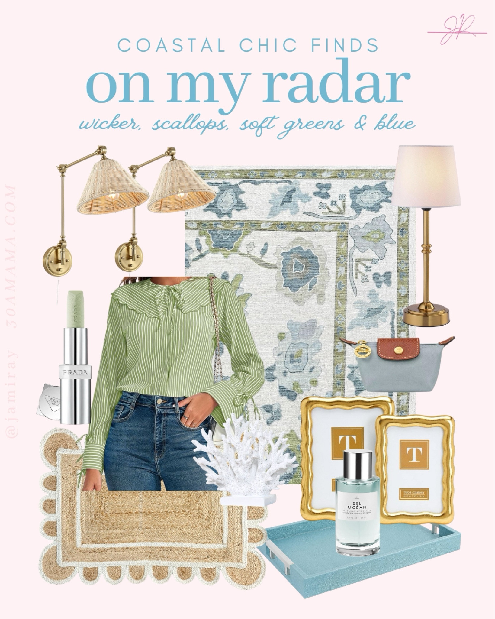 scallops, wicker, soft blues and green 
Coastal chic finds
Grand millenial decor 
30A Mama