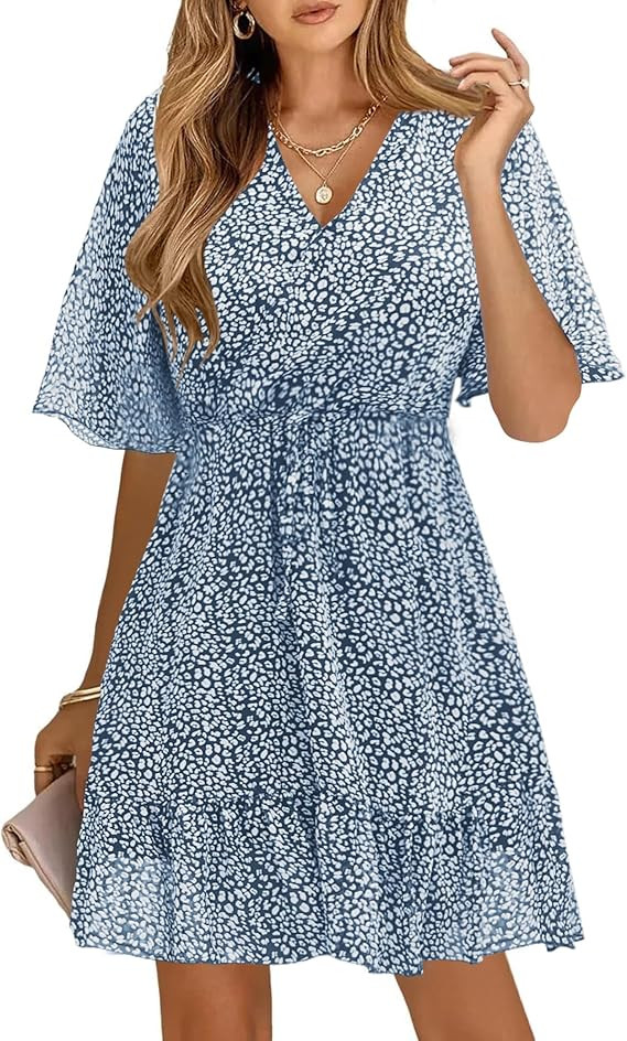 KIRUNDO Womens Summer Dresses 2026 Casual Spring Short Sleeve V Neck Ruffle Floral Print High Wai... | Amazon (US)