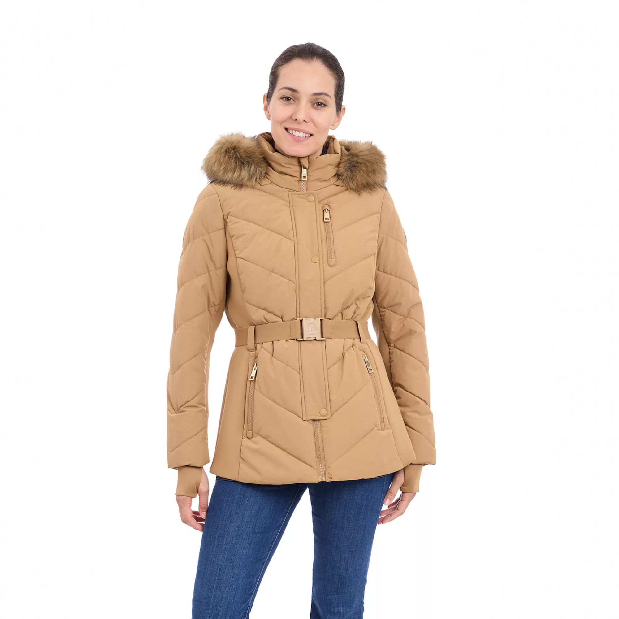 Women's London Fog Faux Fur Trim Hood Belted Puffer Coat | Kohl's