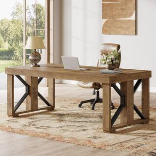 Moronia 70.8 in. Rectangular Brown Engineered Wood Computer Desk with Double Pedestal | The Home Depot