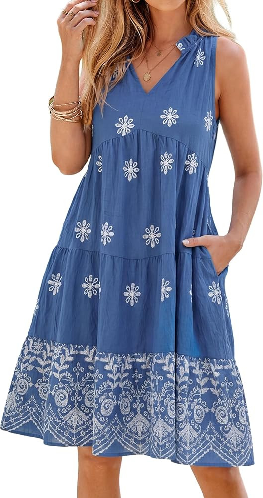 Glamaker Womens Summer Casual Dress Boho Babydoll Sleeveless V Neck Floral Mini Short Dresses Bea... | Amazon (US)