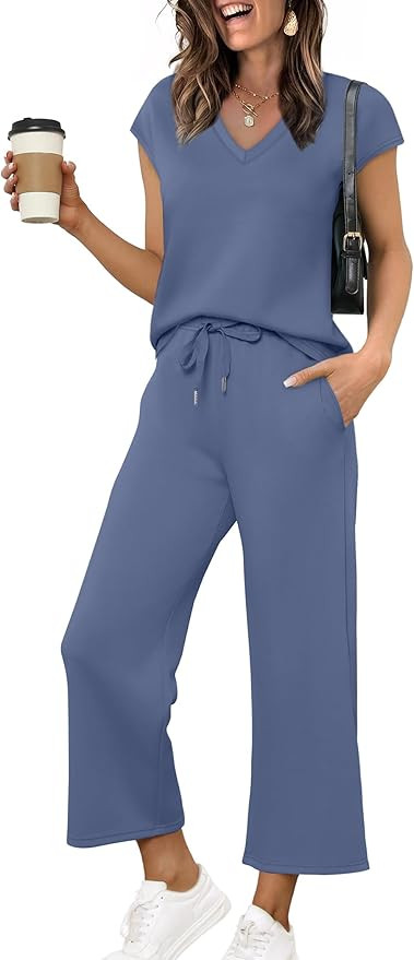 Saloogoe Two Piece Sets for Women Summer Outfits Lounge Sets V Neck Tops Wide Leg Pants Woman Vac... | Amazon (US)