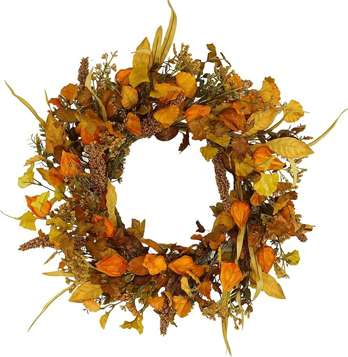 YNYLCHMX 18" Fall Wreaths for Front Door, Artificial Autumn Wreath with Cape Gooseberry and Ginkg... | Amazon (US)