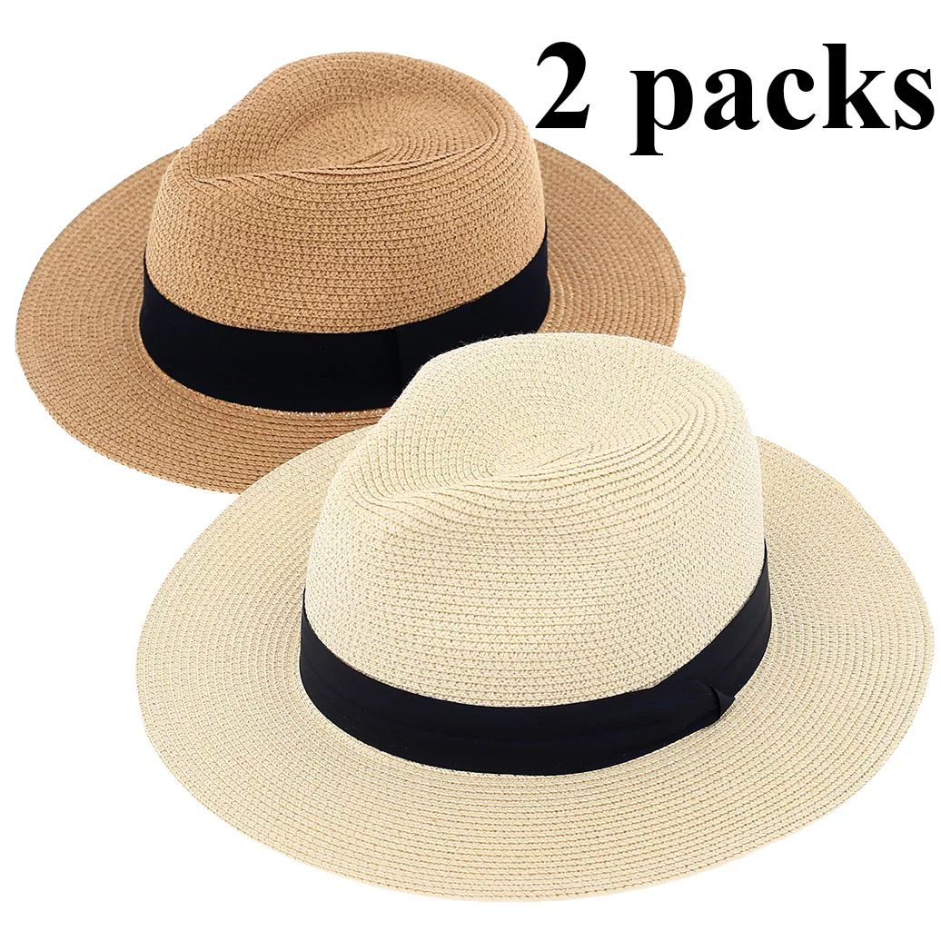 Zeeyh Panama Hat for Women - 2 Pack Wide Brim Straw Hat for Summer Sun Beach Travel, Ivory and Ta... | Walmart (US)