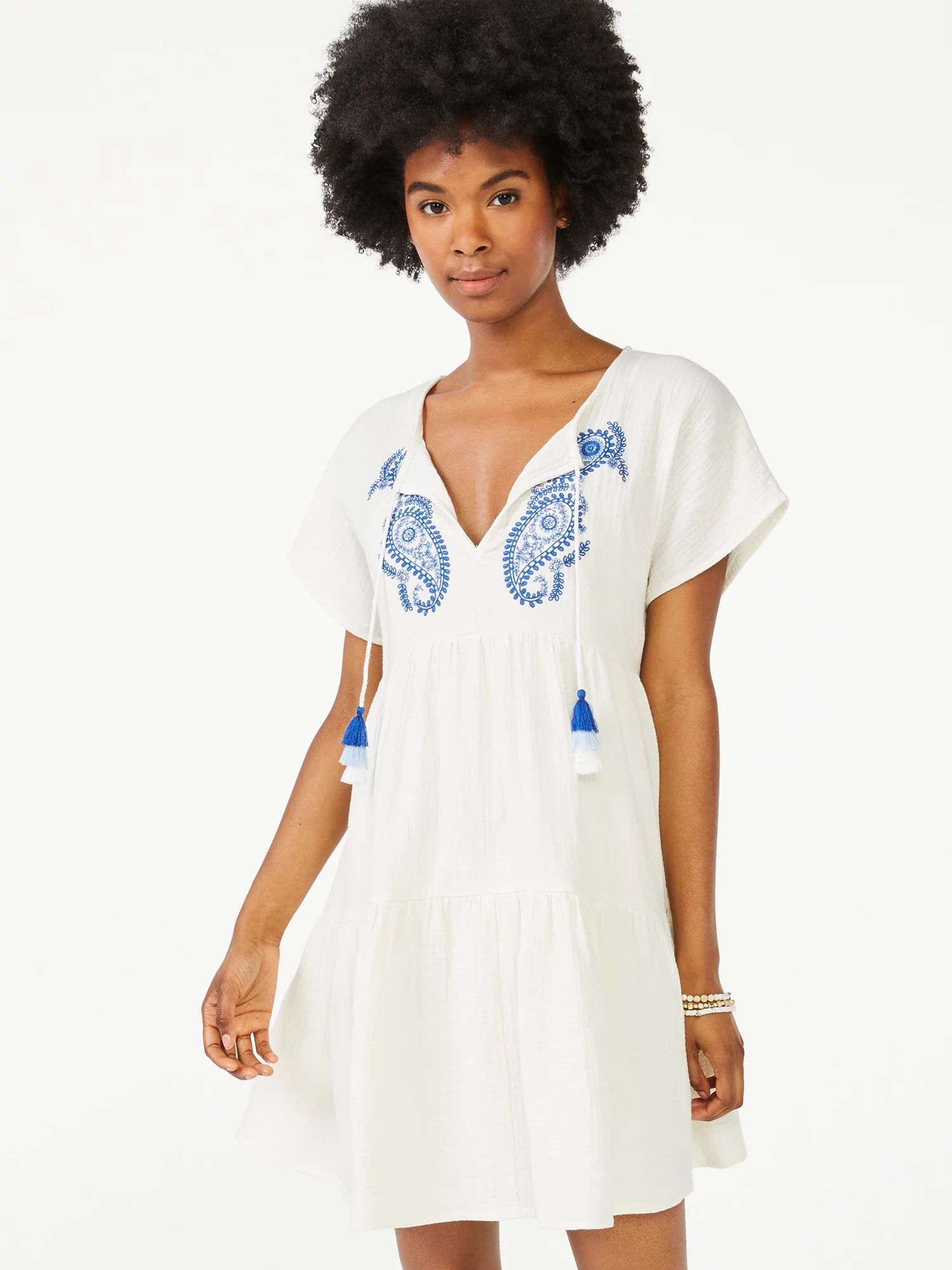 Scoop Women's Short Sleeve A-Line Short Dress with Tassels | Walmart (US)