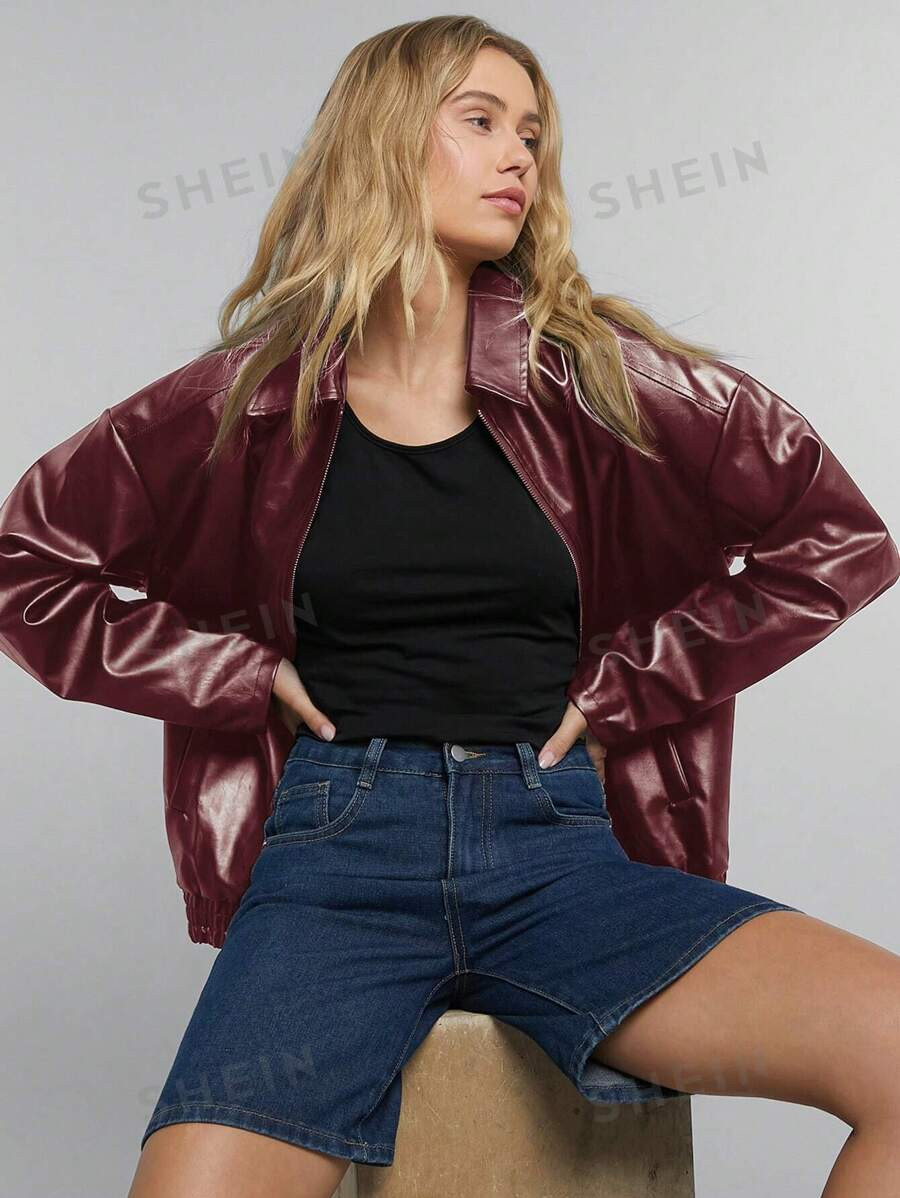 SHEIN EZwear Casual And Stylish Zippered Off-Shoulder PU Leather Jacket | SHEIN