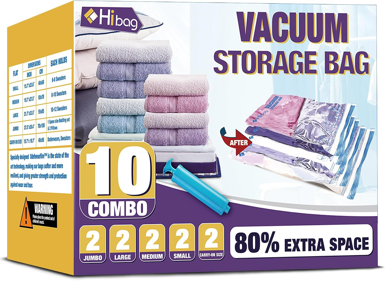 HIBAG Vacuum Storage Bags, 10-Pack Vacuum Seal Bags for Clothing Clothes, Space Saver Bags (2 Jumbo, 2 Large, 2 Medium, 2 Small, 2 Roll-up) with Pump (10-Combo) | Amazon (US)