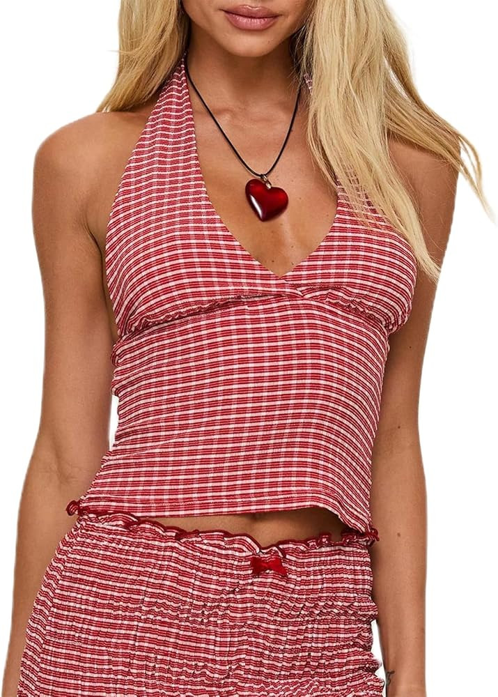 Women Sexy Halter Gingham Top Sleeveless Plunging V-Neck Backless Plaid Top Y2K Slim Fit Cropped Vest Streetwear (Red, S) at Amazon Women\u2019s Clothing store | Amazon (US)