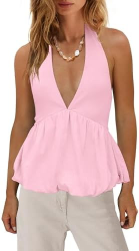 SENSERISE Womens Halter Tops Bubble V Neck Tops Sleeveless Blouses Casual Sexy Shirts Tie Backles... | Amazon (US)