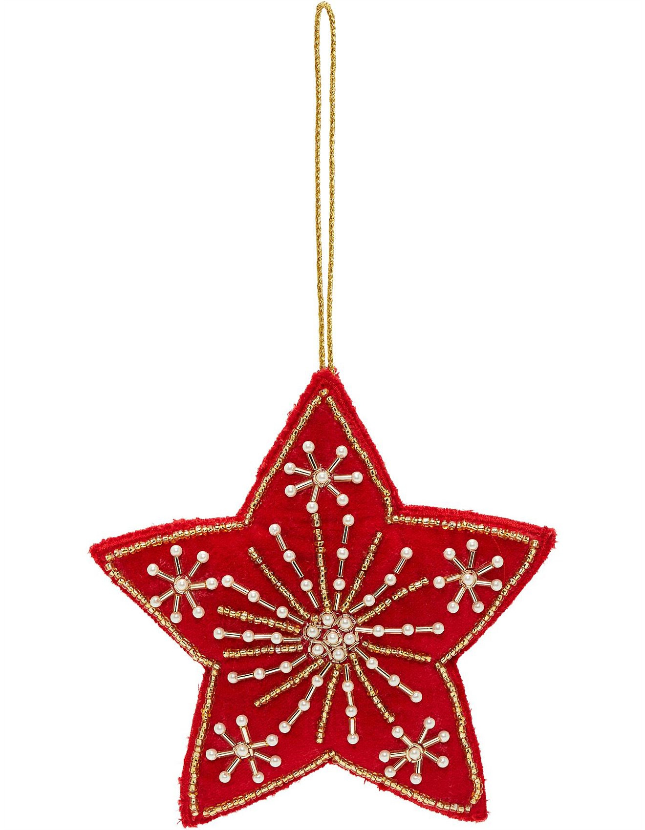 13CM RED HAND EMBROIDERED SNOWFLAKE STAR ORNAMENT | David Jones (Australia & New Zealand)