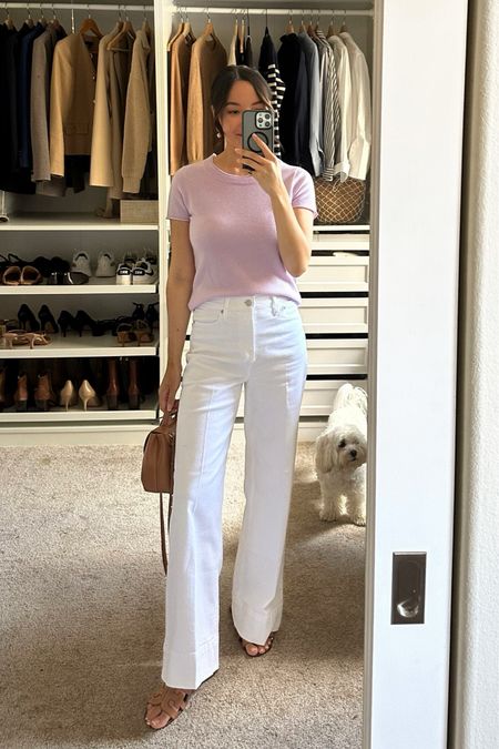 Spring/summer outfit with a pop of lilac 

• Jcrew cashmere sweater xs 
• Jcrew white wide leg pants 25 petite - runs one size big 
• Sam Edelman sandals - tts, available in several colors 
• Polene purse - can’t link, so linked to similar bag 

#LTKstyletip #LTKSeasonal