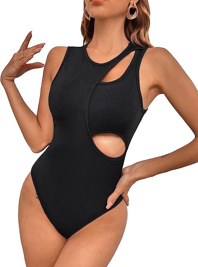 OYOANGLE Women's Sexy Sleeveless Cutout Bodysuit Ribbed Knit Slim Fit Basic Tank Tops Jumpsuit Cl... | Amazon (US)