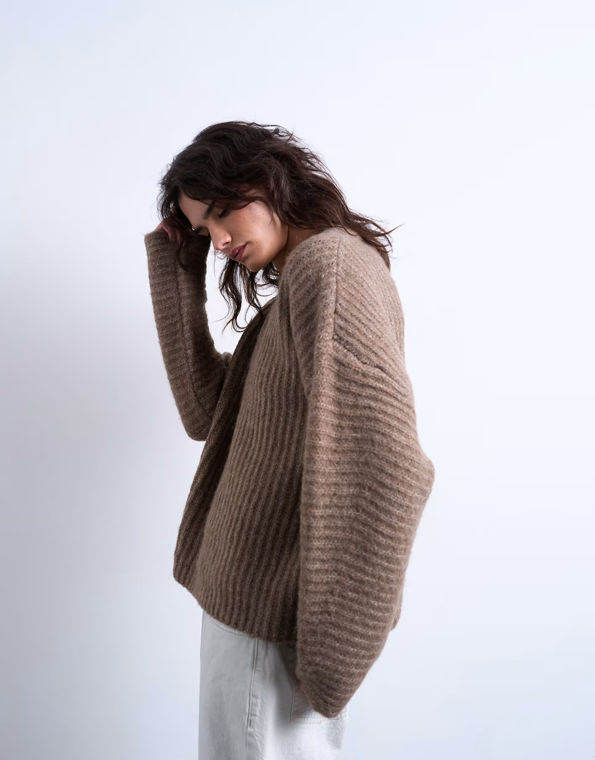 Topshop knitted ribbed balloon sleeve jumper in brown | ASOS (Global)
