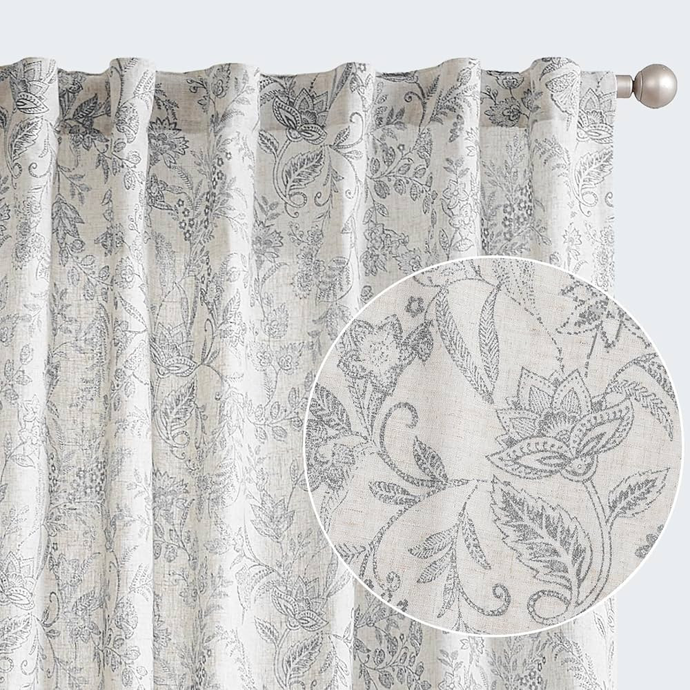 Lazzzy Linen Curtains Farmhouse Grey Floral Print Curtains 96 Inches Long Back Tab Drapes for Liv... | Amazon (US)