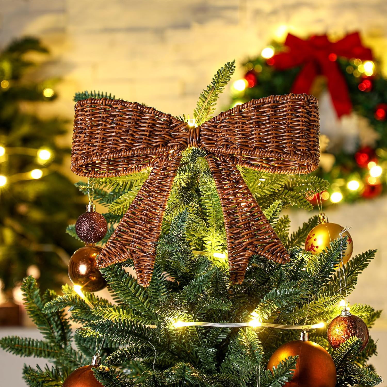 Rustic Christmas Tree Topper 11.4'' Rattan Bow Farmhouse Christmas Decor Retro Natural Xmas Tree ... | Amazon (US)