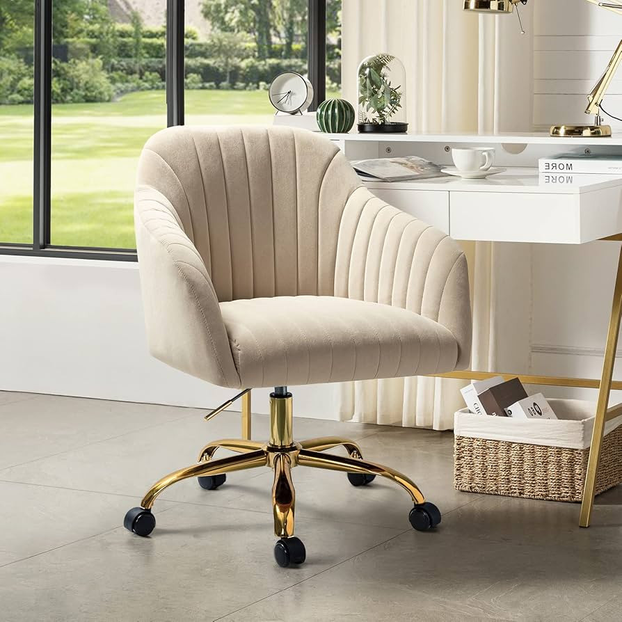 HULALA HOME Velvet Home Office Desk Chair, Modern Cute Computer Task Chair, Wheels Swivel Height Adjustable Upholstered Vanity Chair for Women, Girls (Gold Base, Tan) | Amazon (US)