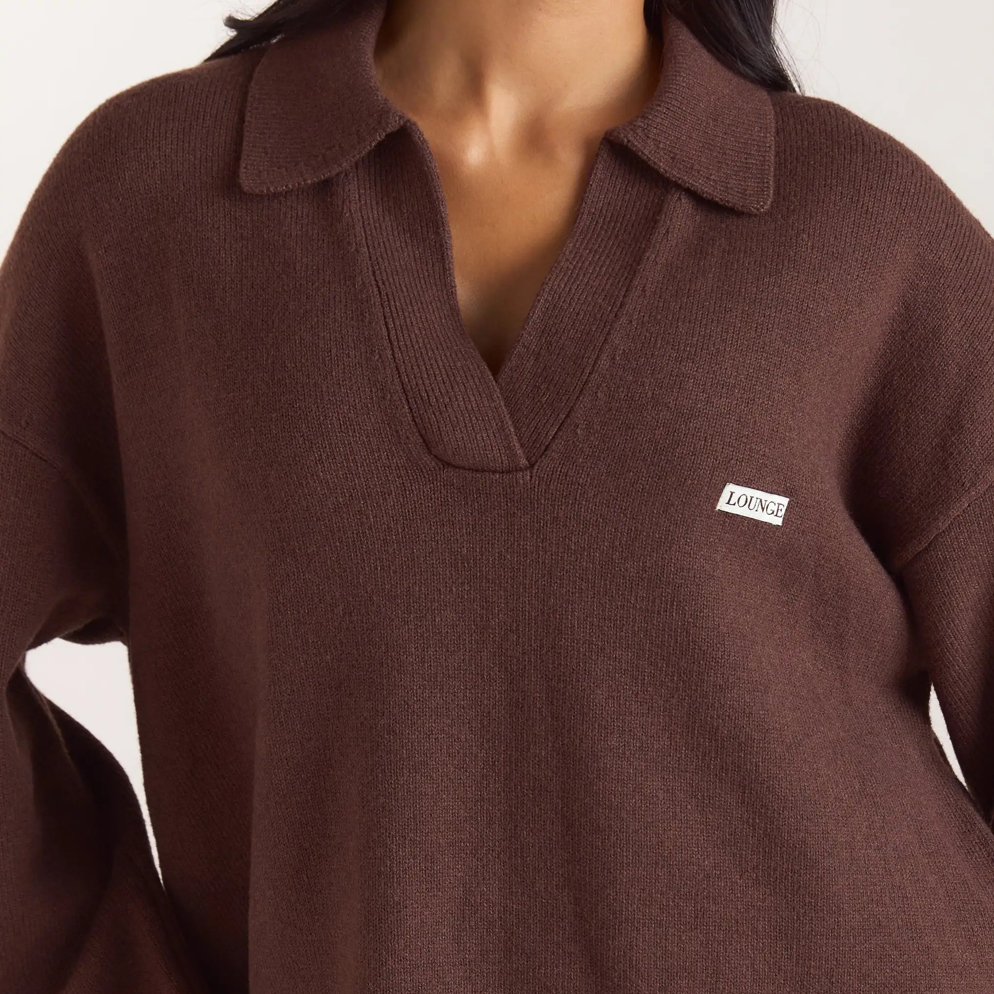 Half Placket Knitted Jumper - Chocolate | Lounge (US)