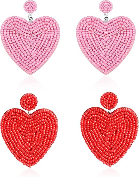 Just Follow 2 Pairs Red Pink Beaded Drop Earrings Handmade Seed Bead Heart Hoop Dangle Earrings B... | Amazon (US)