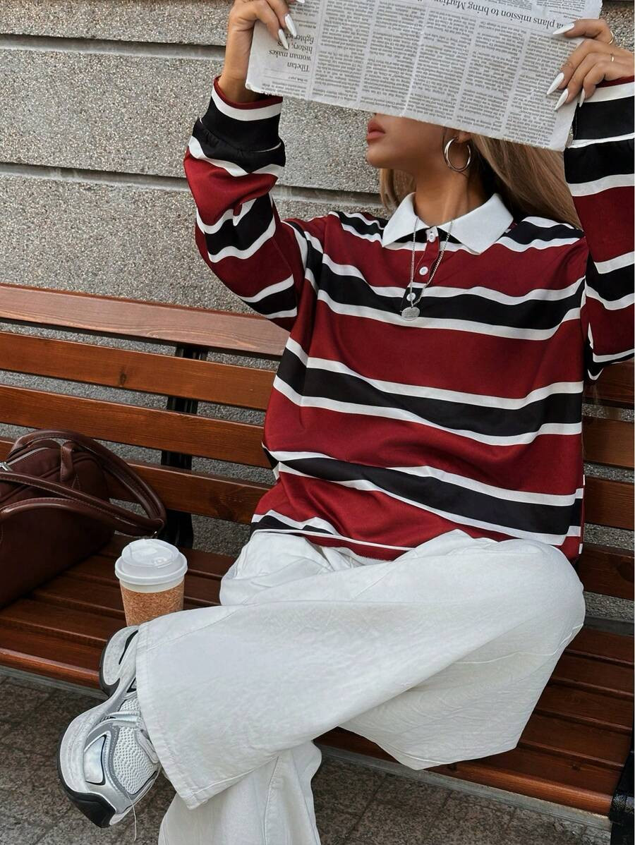 Chiquease Women's Fashion Loose Polo Shirt With Collar, Color Contrast Stripe Print And Button Cl... | SHEIN