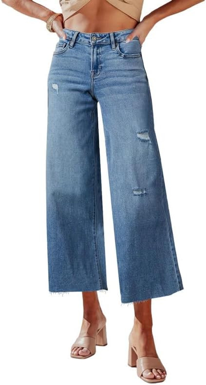 Allimy Women's High Waisted Straight Ankle Wide Leg Ripped Jeans Frayed Hem Stretchy Capri Denim ... | Amazon (US)