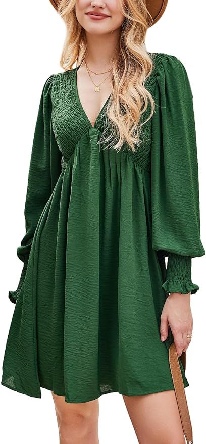 CUPSHE Women's Mini Dress Smocked V Neck Long Sleeve Empire Waist Casual A Line Dress | Amazon (US)