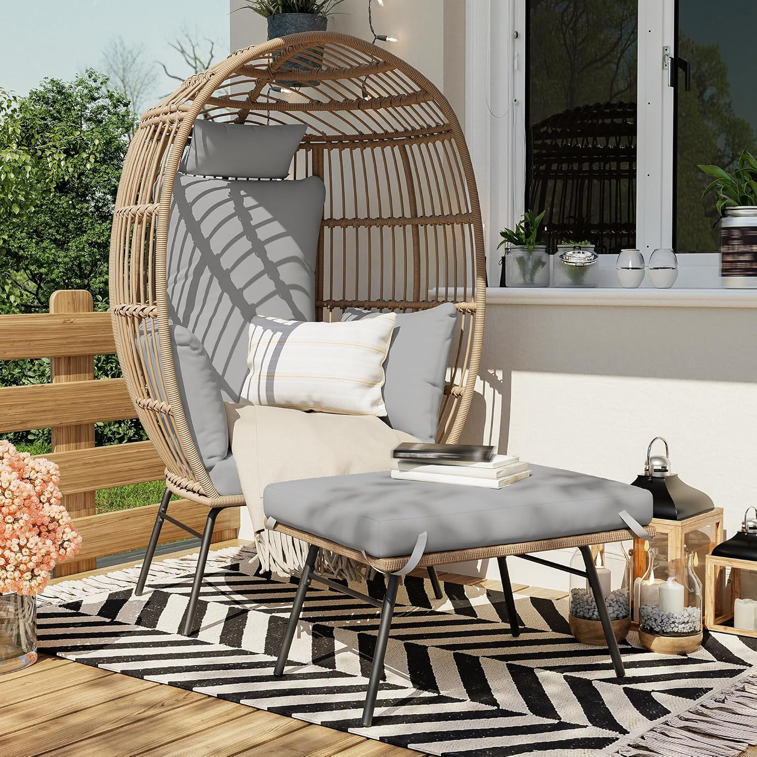 Garvee Oversized Wicker Egg Chair with Ottoman Patio Lounge Egg Chair with Thick Cushion Rattan Egg Basket with Steel Frame for Indoor/Outdoor Porch | Lowe's