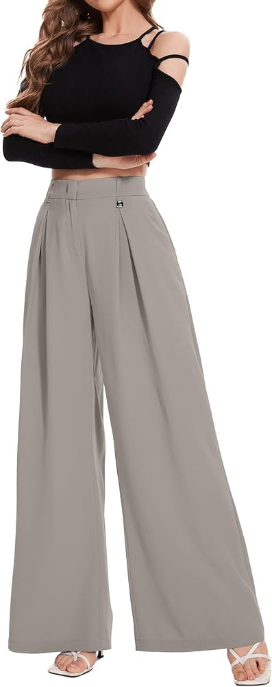 FUNYYZO Women's Wide Leg Palazzo Pants High Elastic Waisted Business Work Trousers Long Loose Cas... | Amazon (US)