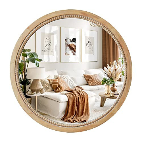 sawsile Round Wood Mirror,28 inch Circle Rustic Farmhouse Natural Wooden Frame Boho Beads Wall Mirror for Bathroom,Living Room,Bedroom or Entryway | Amazon (US)