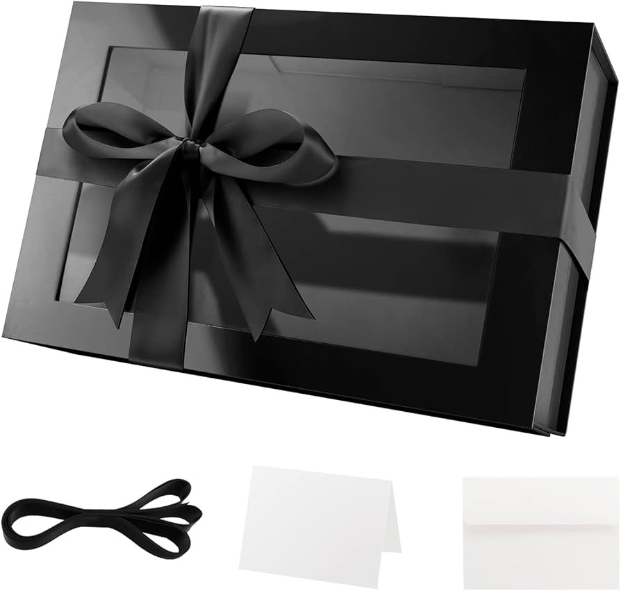 PACKQUEEN Large Black Gift Box with Window, 13.5x9x4.1 Inches Clear Gift Box for Present Contains... | Amazon (US)