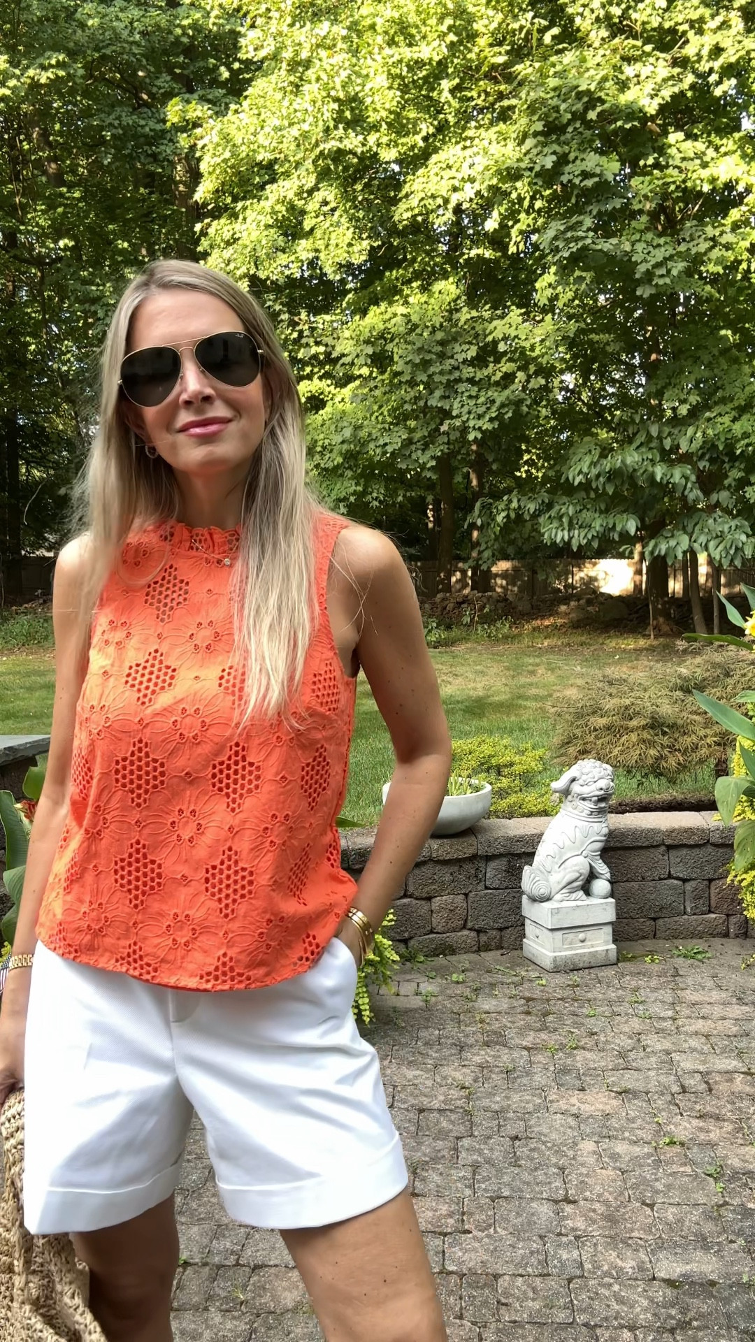 It may be September, but it’s still a full on heat wave 🥵 Styling some summer sale goodies that are too good to pass up. I love this eyelet top {it comes in 3 colors!} and they’re all on clearance — less than $40! Fit is TTS. Also, nab these summer staple shorts 🤍 They’re crisp and white with no visible pocket show. Paired my look with classic espadrilles that are also on clearance ‼️

⭐️ The star of the show is clearly this @prada raffia tote, which goes with everything!!

#LTKstyletip #LTKSeasonal #LTKover40