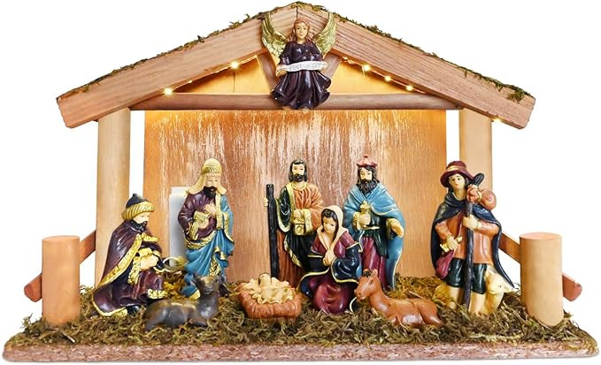 Lighted Nativity Scene Indoor, Christmas Manger Nativity Set with Wooden Stable, 11 Pieces Vintag... | Amazon (US)