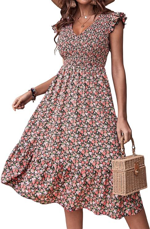 Milumia Women's Boho V Neck Cap Sleeve Ditsy Floral Print Shirred Ruffle Trim Midi Dress | Amazon (US)