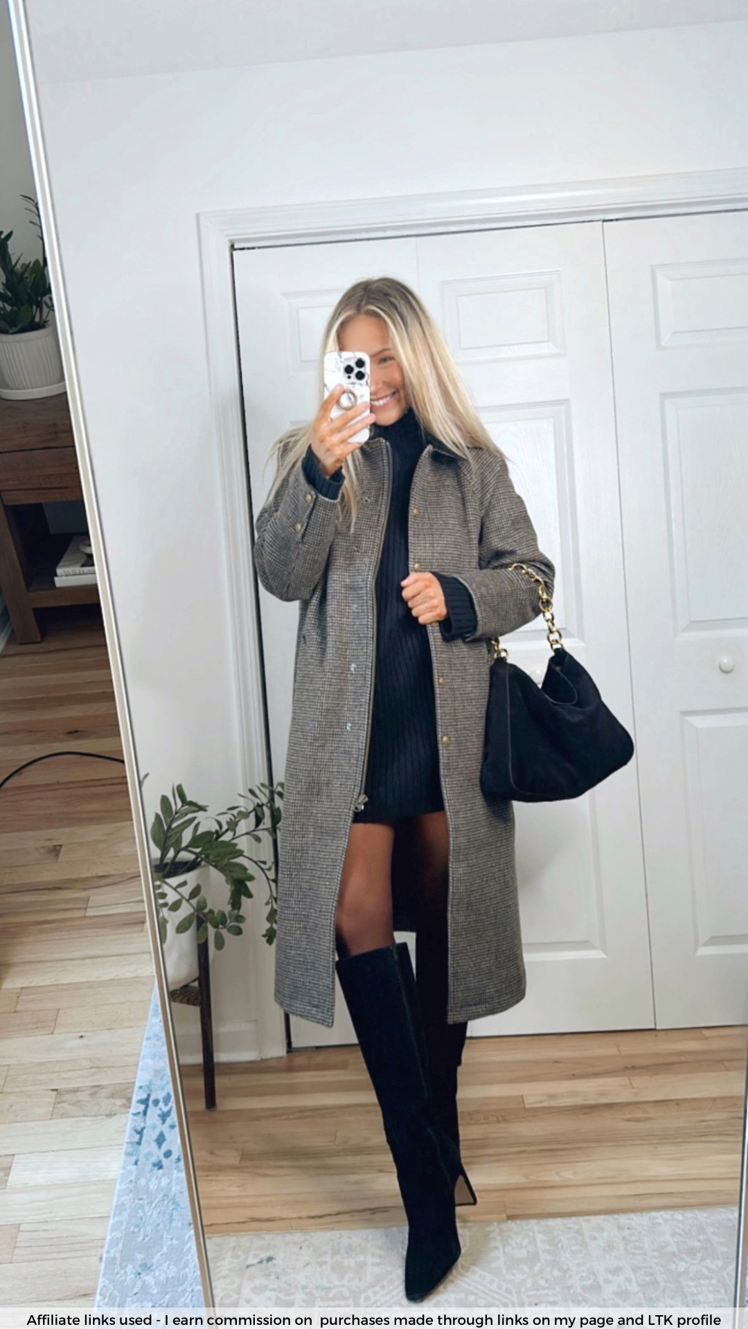 Easy and stylish fall outfit 

Wool barn coat plaid with corduroy collar
Black mini sweater dress
Black suede boots
Suede bag with gold chain handle
Chic style 