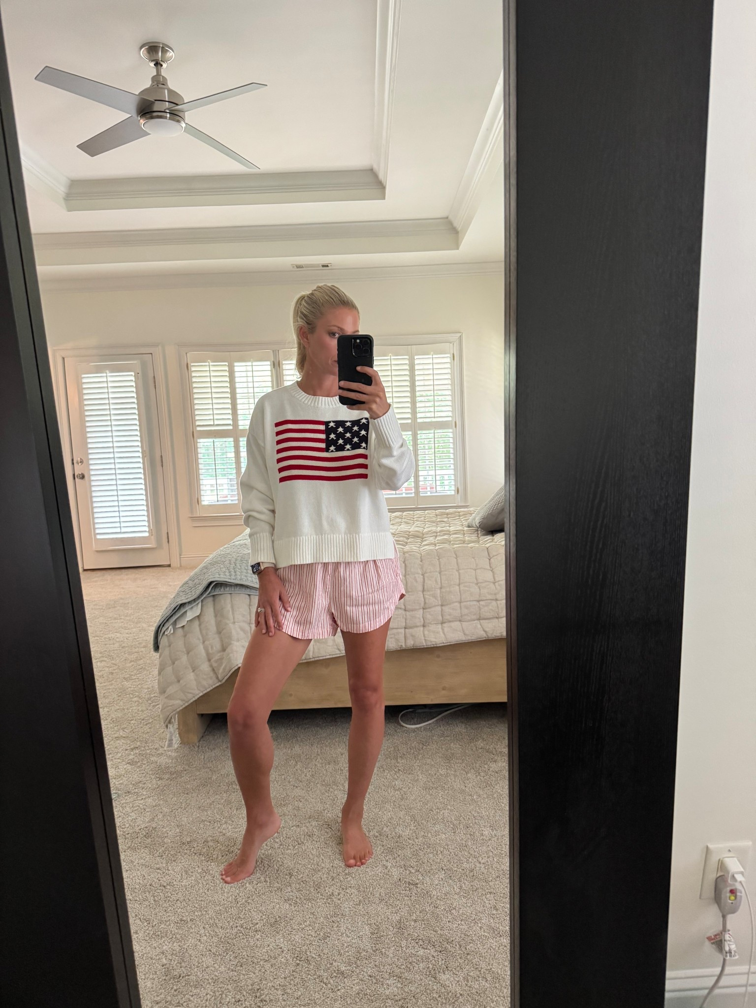America flag sweater , boxer shorts , July 4th outfit , easy outfit , summer outfit , red shorts 

#LTKSeasonal #LTKOver40 #LTKSummerEdit
