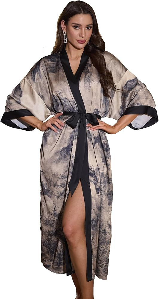 Kihnop Women's Floral Long Kimono Robe Long Satin Robe Long Silk Robe Ladies Kimonos Silky Bathro... | Amazon (US)